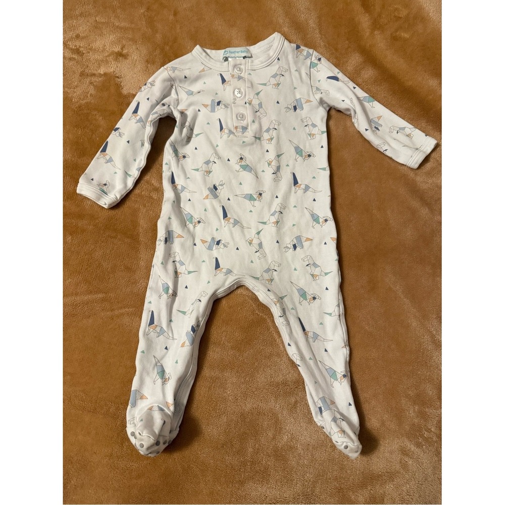 Feather Baby Origami Dinosaur Pima Cotton Footed Sleeper 6-9 Months White